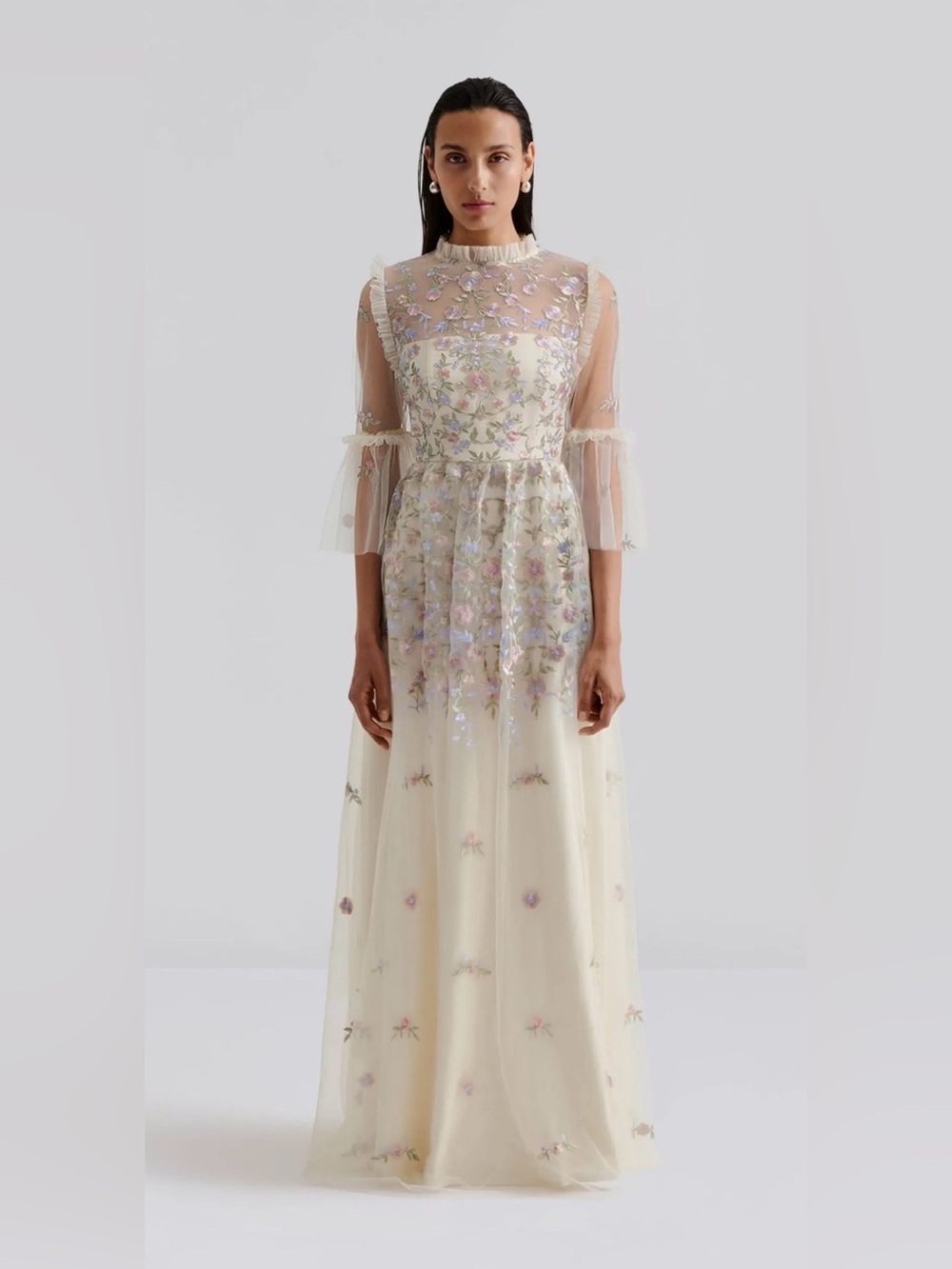 Ivory Embroidered Floral Tulle Maxi Dress